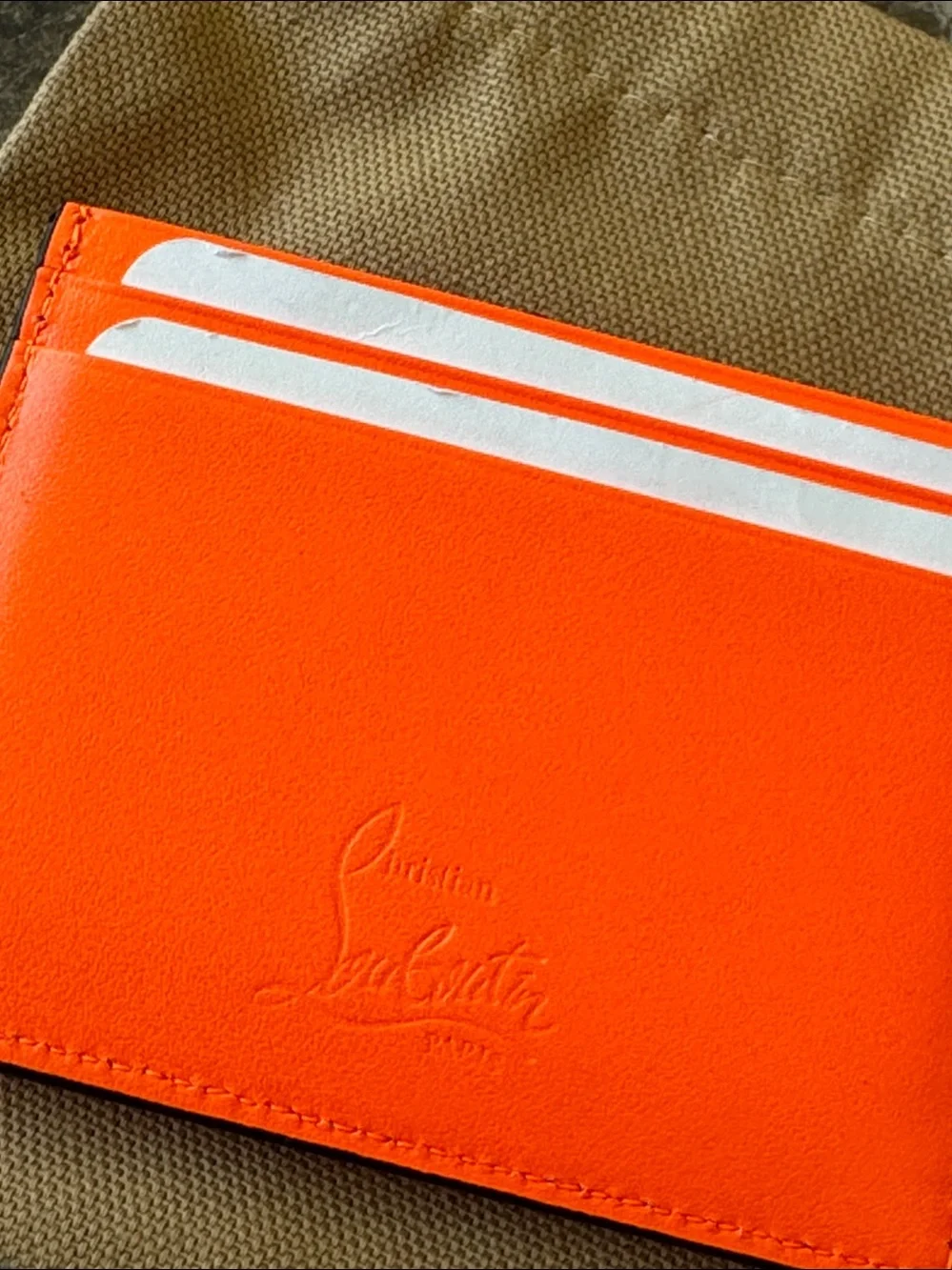 Christian Louboutin kios neon orange spike wallet card case with bag